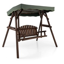 2-Person Wooden Garden Swing Chair Adjustable Canopy & Side Trays Outdoor Summer