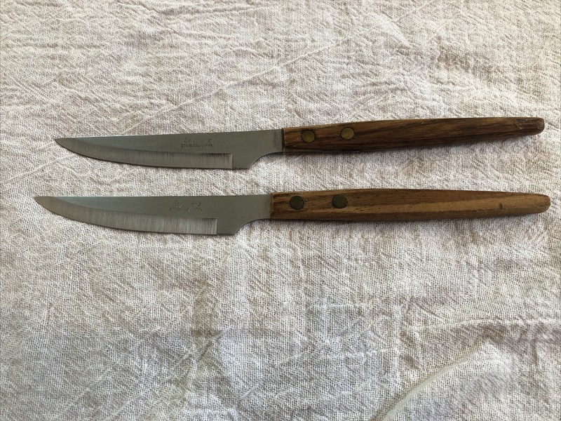 2 Pieces St. Regis Stainless Japan Steak Knives Wood Handles 3 1/2” Blade