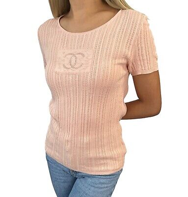 CHANEL Vintage 04P CC Mark Logo Knit T-shirt Top #42 Pink CHANEL Vintage 04P CC Mark Logo Knit T-shirt Top #42 Pink