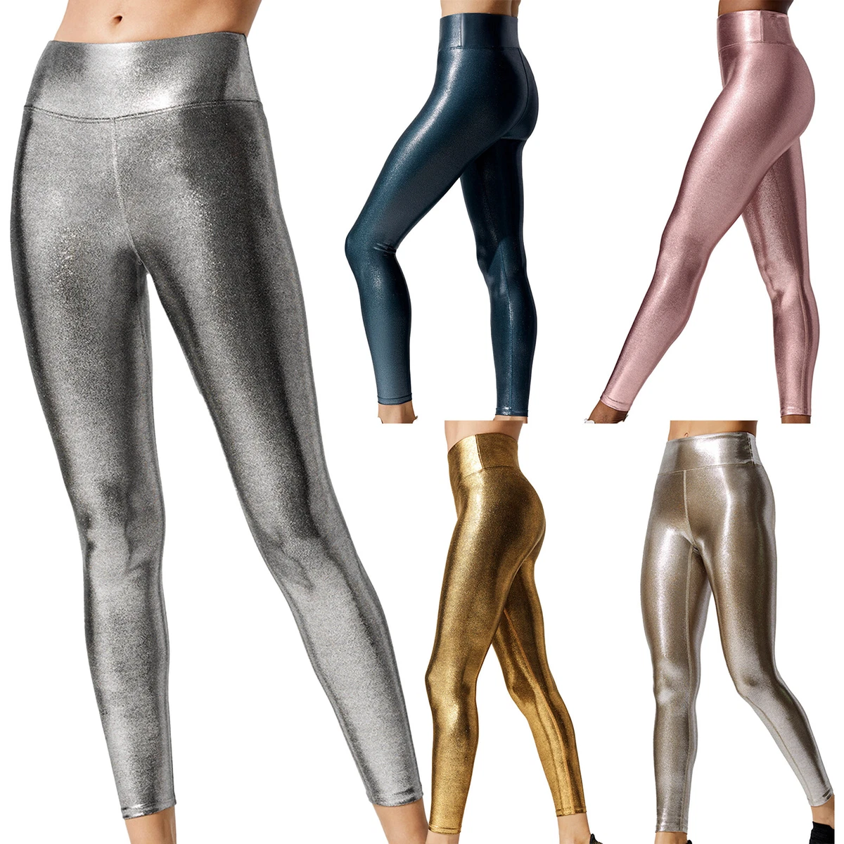 Women Shiny Metallic Tight Pants High Waist Stretchy Leggings Slim