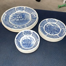 Set Fair Winds Historical Staffordshire Ship Alfred Meakin Blue Plates Bowls 15