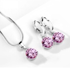 Silver Plated Women's Girls Fashion Necklace Crystal Pendant Earring Jewelry Set