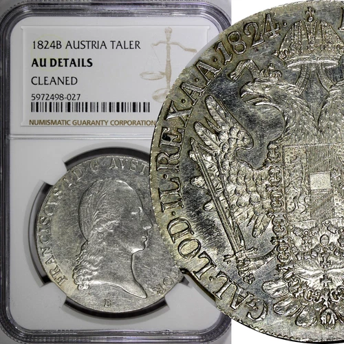 Austria Franz I Silver 1824 B 1 Taler Kremnitz Mint NGC AU Details KM# 2162 (7)