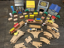 Lot of 79 Total 36 Wooden Train Track, 9 Train Cars; 4 buildings, 30 Accessories