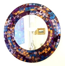Round mosaic wall mirror purple, blue, gold design, hand made in Bali, 40cm-NEW