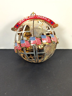 God Bless America Christmas Ornament Globe with Flags 3D Metal Holiday Decor
