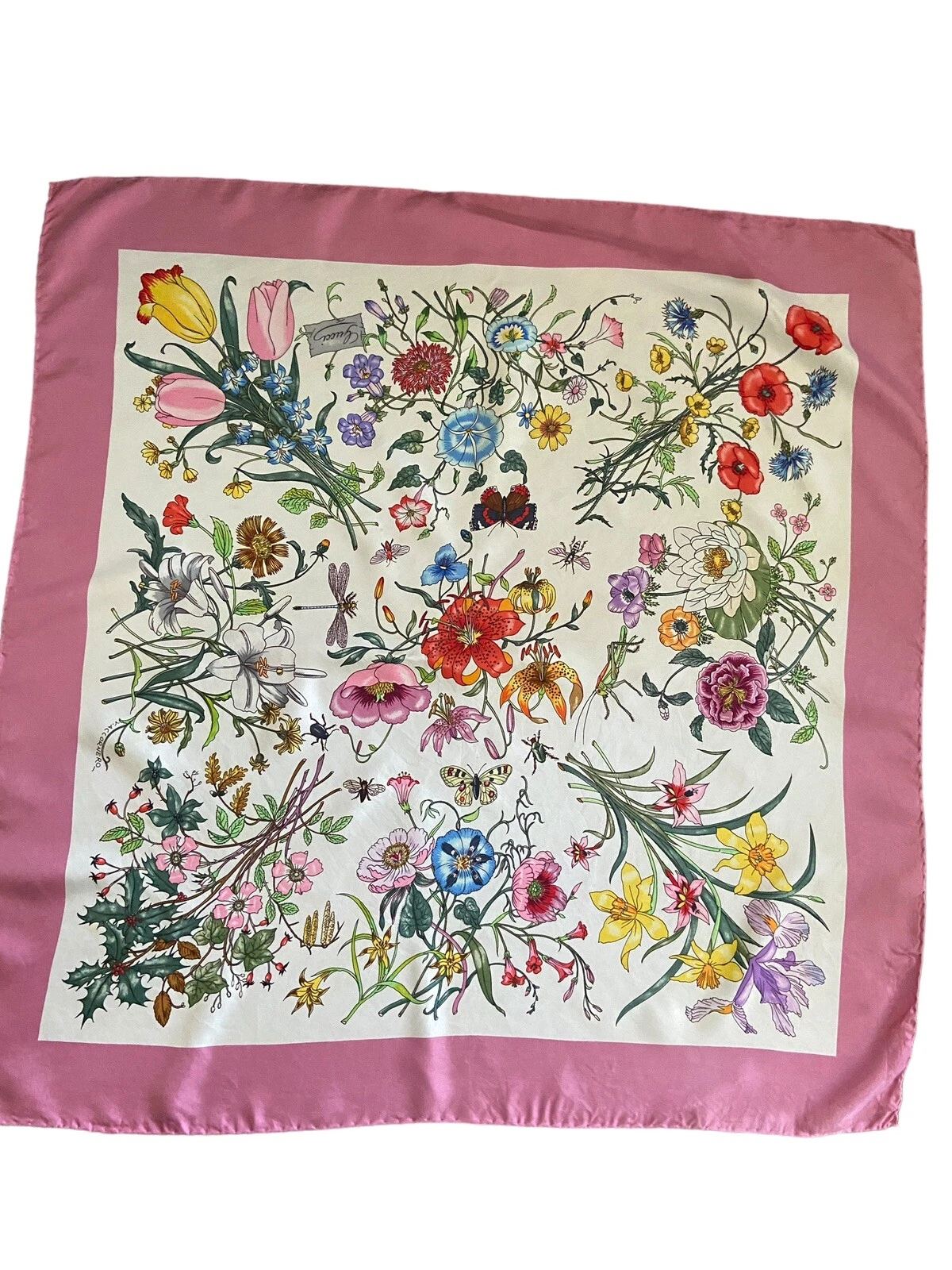 Gucci V Accornero 100% soie écharpe transparente bordure rose fleurie grand carré 34