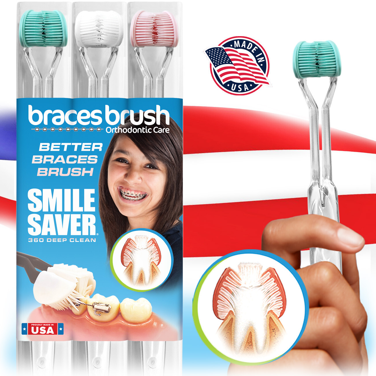 SMILE SAVER 360&deg; / BRACES BRUSH * 3-Sided Toothbrush 3PK / for Orthodontic Care