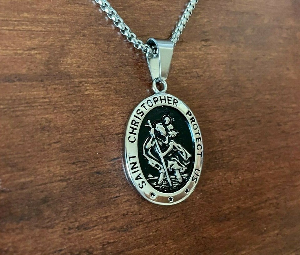 DEZILOO Mens Saint St Christopher Medal Pendant Necklace Stainless ...