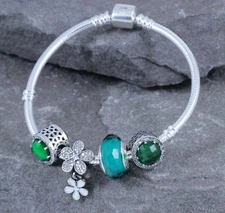 .925 Sterling Silver CZ European Bracelet Bangle W/ Charms Beads Grenn Flower