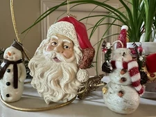 Christmas Ornament Sugar Frosted Lot 3  Large 6" Santa Head & 2 Snowman Gift Box