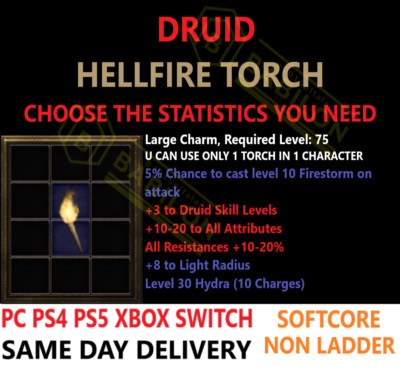   PC PS4 PS5 XBOX SWITCH   NON-LADDER Druid Torch Diablo 2 Resurrected Items D2R