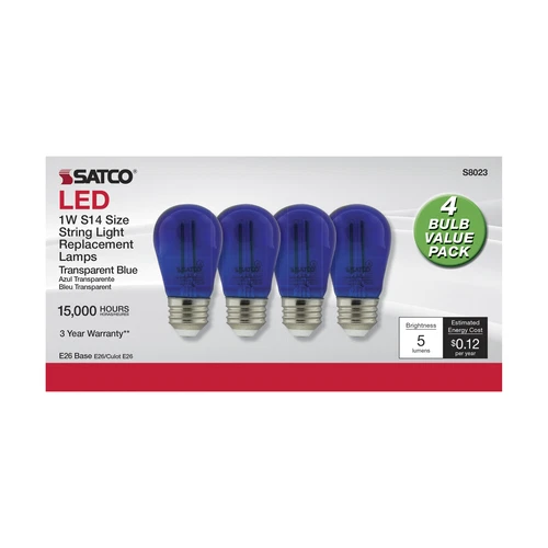 4 Pack Satco S8023 LED Filament Bulb 120V 1W 11W S14 Medium E26 Transparent Blue - Picture 6 of 7