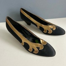 Vintage Rockabilly Kitten Heels Size 9.5 Bottega Veneta Black Satin Gold Flames