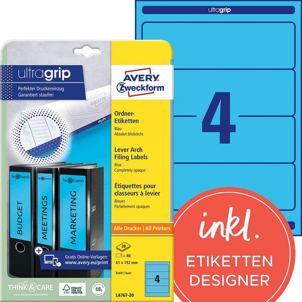 Avery Zweckform Ordneretiketten L4767-20 Blau, 20 Blatt-image