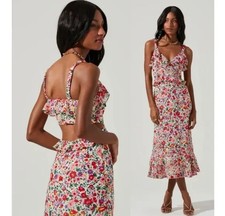 ASTR The Label Wildflower Chiffon Floral Midi Dress Pink Red Size Small Revolve