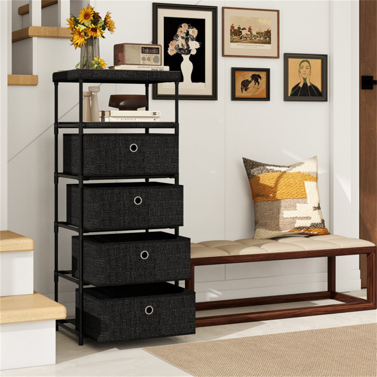 4-Drawer Fabric Storage Cabinet -Removable Foldable Drawers, Industrial Wood Top
