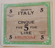 1943 ITALY 5 Lire Allied Military Currency - Free Shipping