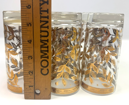 7 Vintage MCM UTD High Ball Tumbler Glasses Gold Gilded Leaves 5.5" VG Condition - Picture 10 of 11