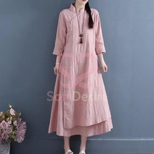 Women's Chinese Style Cotton Linen Stand Collar Buttons Cheongsam Qipao Dress