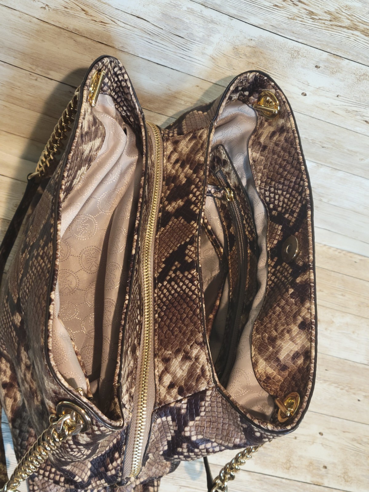 Michael Kors Leather Snake Skin Python Shoulder Bag Double Chain Strap Zippered thumbnail 6