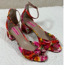 Betsey Johnson Womens Pink Red Ivee Floral Print Strap Sandal Dress Heels Spring