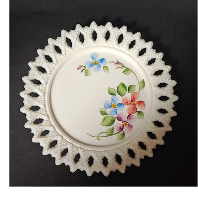 Milk Glass Hand Painted Floral Open Lace Edge Decorative Plate Round Vintage