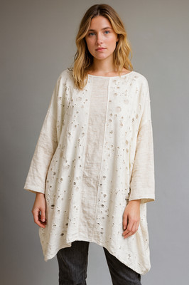 Caraclan White Beige Oversized Distressed Tunic Pockets Lagenlook Artsy Size M