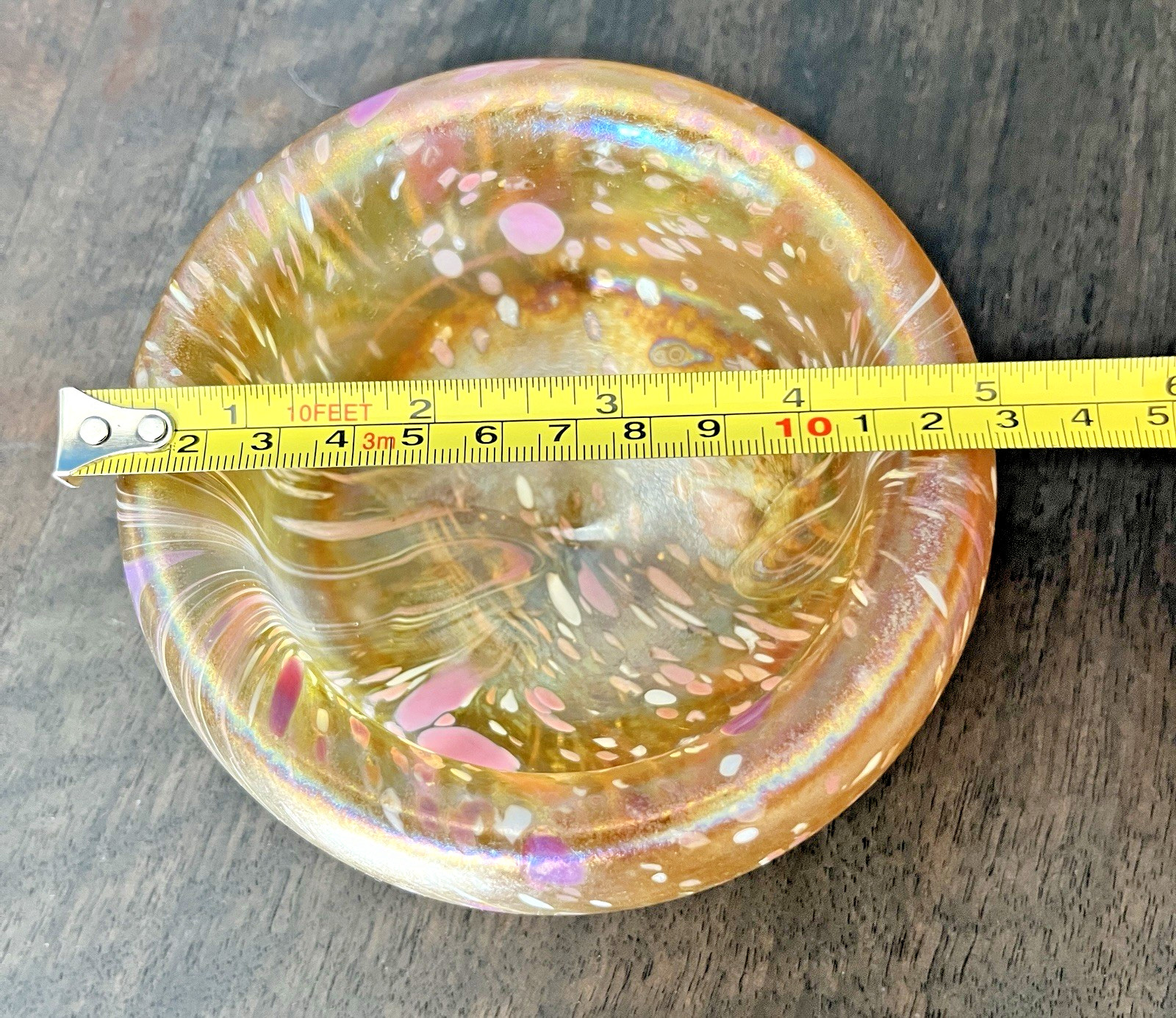 Vintage Iridescent Art Glass Bowl – Hand Blown Studio Glass Swirl Bowl Gold Pink image 10