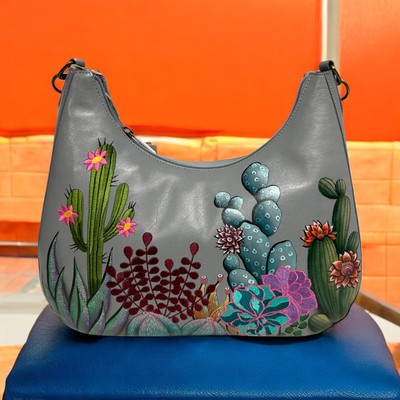 Anuschka Handpainted Leather Hobo with Embroidered Detail NWT Unique