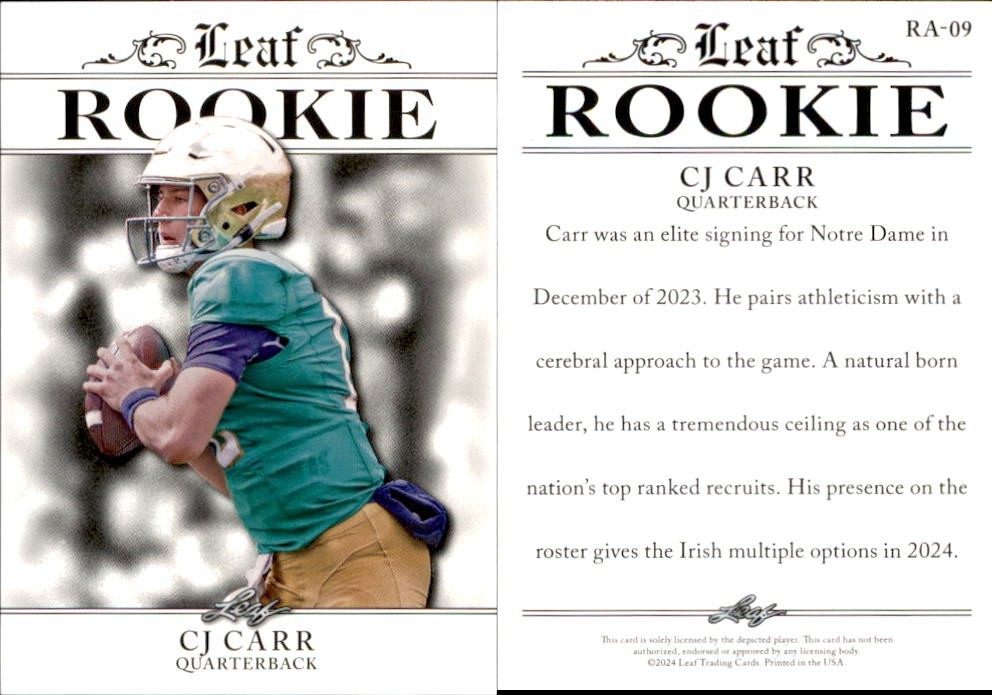 2024 Leaf ROOKIE CJ CARR #RA-09 NOTRE DAME FIGHTING IRISH