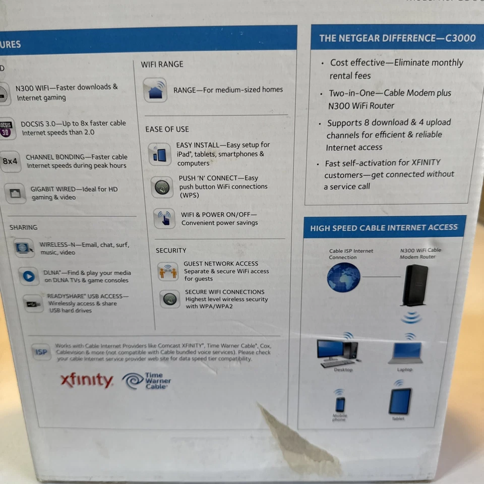 NETGEAR DOCSIS 3.0 Cable Modem Router Combo N300 WiFi C3000 NEW Open Box Inspect - Image 3 of 4
