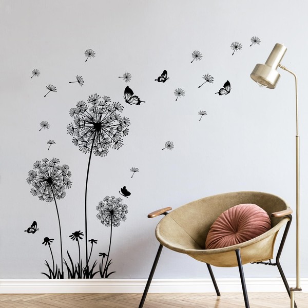 LöWenzahn Wandsticker Schwarz Blumen Wandtattoo Pusteblume Schmetterlinge-image