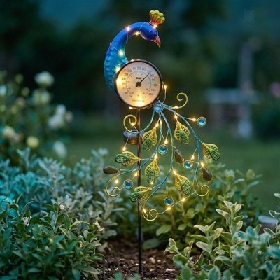 Außenthermometer Metall Pfau Garten Pfahl mit Solar Laterne Geschenk Eisen süß