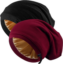 2 Pcs Adjustable Silk Hair Bonnet for Sleeping, Satin Lined Sleep Cap for Women