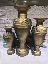 Set of 3 Gold-Toned Over Brass Vases With Grape & Leaf Motifs *(See Description)