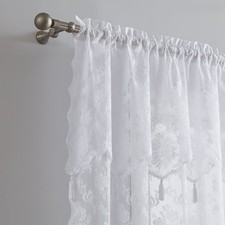 Pair of White Lace Curtains with Attached Valance and 6 Tassels Per Panel. Lu...