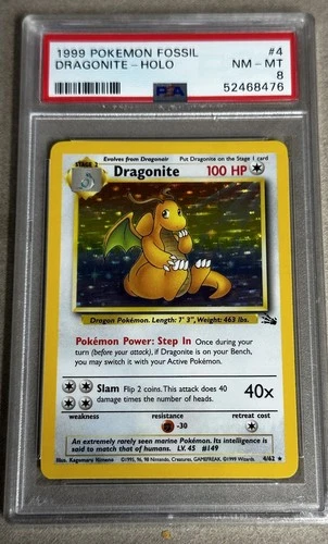 1999 POKEMON FOSSIL #4 DRAGONITE-HOLO PSA 8