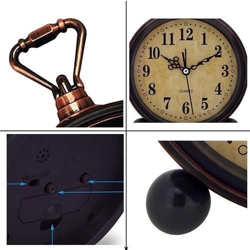 Vintage Hangable Battery Alarm Clock Metal Night Light Super Silent Table Desk Q - Picture 3 of 16