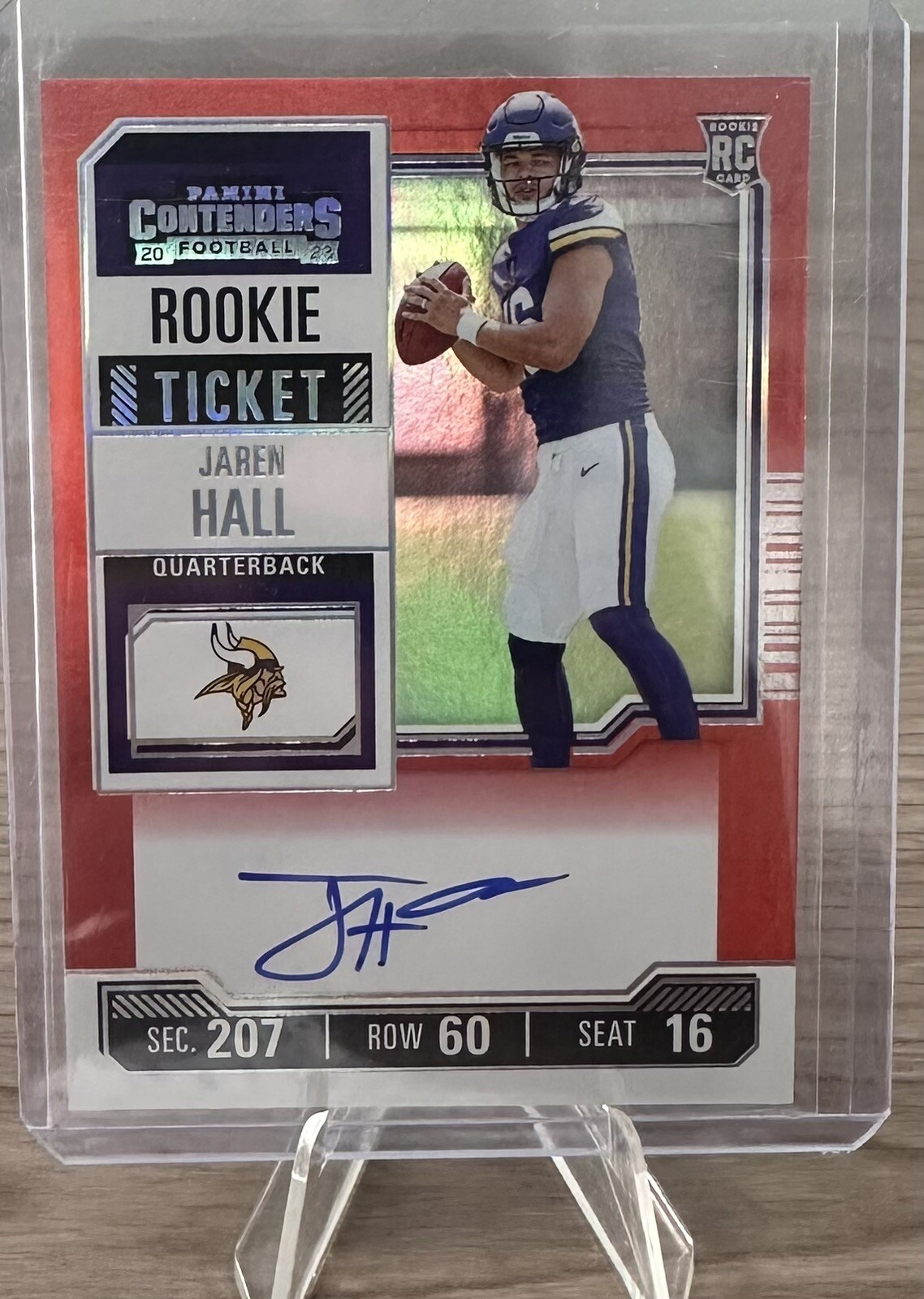 2023 Panini Contenders Jaren Hall FOTL Red Zone Rookie Auto On Card #116 Vikings