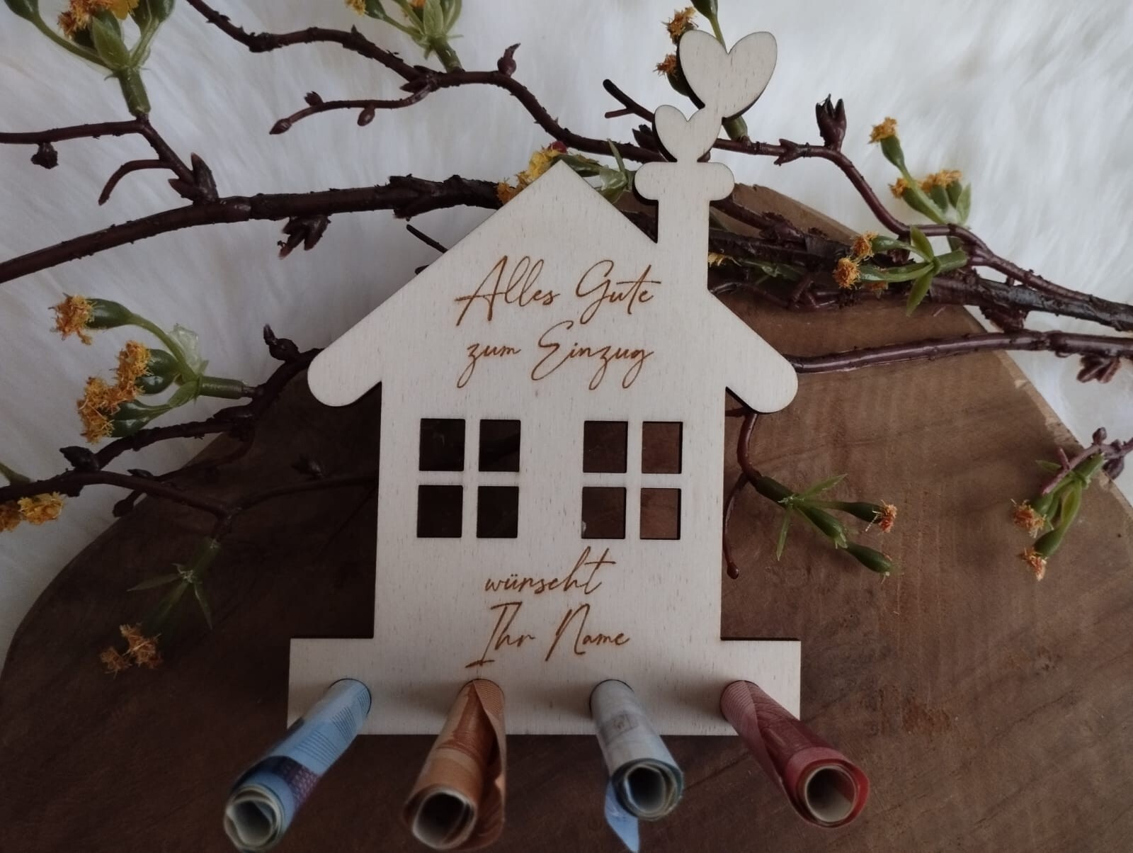 Zum Einzug / Geldgeschenk / Geldscheinhalter aus Holz / personalisiert