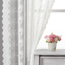 Ivory Lace Curtains 54 Inch Length 2 Panels Set, Rustic Vine Floral Lace Curtain