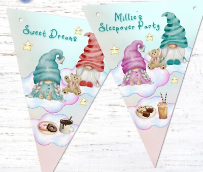 Personalised Gnome Sleepover Slumber Birthday Party Bunting/Banner with Ribbon