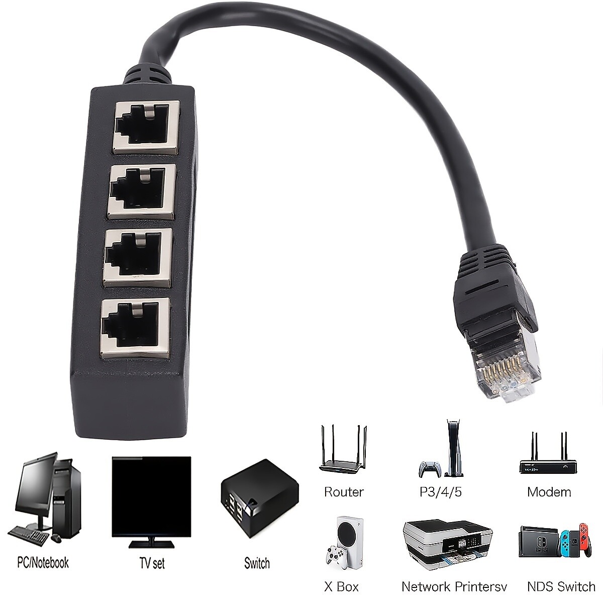 Ethernet Splitter 1 To 4 RJ45 LAN Port Internet Cable Adapter 