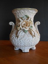 Decorative Flower Vase, pedestal, ceramic, 8.25 inch, rose, white, ribbon
