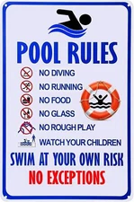 Pool Rules Funny Tin Sign,Swim At Your Own Risk No Exceptions Warning Metal Sign