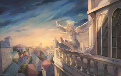 Anime Girls Wings Closed Eyes Nimbus Birds Animals  Gaming Mat Desk 4282