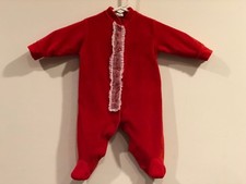 Vintage Baby Girls' Red Velour One Piece Coverall w /Lace Trim - M 11 -17LBS
