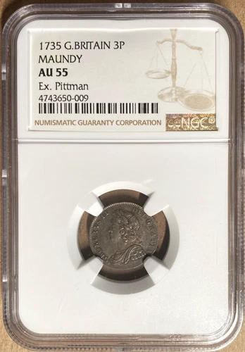 1735 NGC AU55 Great Britain 3P Maundy Three Pence - Ex. Pittman