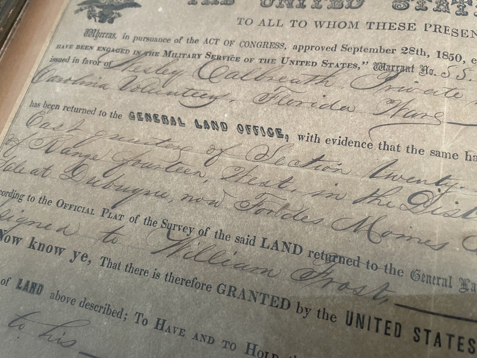 James Buchanan Signed Iowa Land Grant 1858 on Vellum Framed 15th